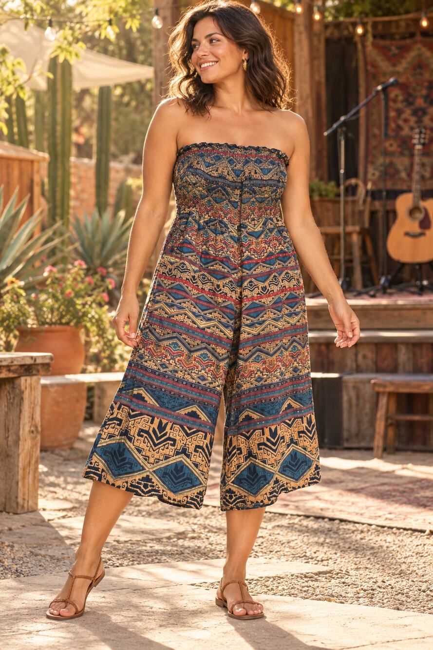 Geometric Smocked Strapless Jumpsuit L Boho Daisy Jones Inspired Angie